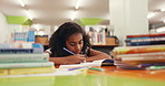 Girl, child and sleeping at library with homework, bored or adhd with burnout with project at school. Kid, exhausted and pupil with learning disability for writing, notebook and education at academy