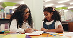 Teacher, child and tutoring with books in library with learning evaluation, test preparation or guidance. Tutor, girl student and lesson at school with language assessment, academic support and help