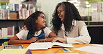 Woman, child or teaching at library with books, happy or laughing on session break. Support, teacher or student in study room with homework, tablet and connection for childhood skill development.
