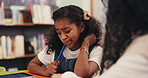 Confused, teaching and student with woman in library for thinking, help and study session. Homework support, education and solution brainstorming with girl and teacher for problem solving and project