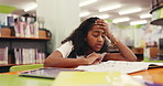 Girl, child and stress in library with homework, headache or adhd with burnout for project at school. Kid, frustrated and pupil with learning disability for writing, notes and education at academy