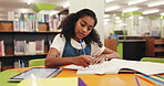 Kid, student and writing for education in library with workbook, studying and learning sheet. Girl, elementary school and book for creative assessment, activity solution and information for knowledge