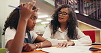 Tutor, child and counting in lesson in library with math evaluation, learning and problem solving. Education, mentor and student with books at school for numeracy help, academic support or assistance