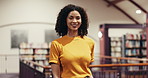 Face, teacher and happy woman in library for education, development and knowledge. Smile, librarian and person in school for learning, academic portrait and confident professional educator in Brazil
