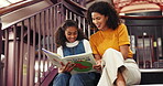 Reading, teaching and student with woman in library for education, speech development and support. Vocabulary study, learning and books with girl and person for tutor guide, language and storytelling