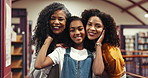 Face, mother and happy child with grandma in library for bonding together, connection or development. Smile, parent or daughter with family time in bookshop for growth, knowledge or learning support.