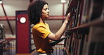 Woman, librarian and tablet in library for book search, shelf inspection and inventory management. Female person, digital and reading story titles for catalog, online checklist and website for stock