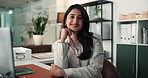 Face, business and woman in office, smile and financial agency with career ambition. Happy person, investor and employee at desk, pride and confidence in workplace, risk management and broker