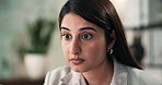 Reading, shock and business woman in office for mistake, online error and bad news for investment fail. Professional, corporate and person with surprise, confused and stressed for accident at night