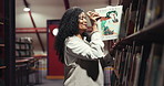 Research, choice and library with woman for books, education or college learning. Mature professor, project and information for thesis with bookshelf at night for knowledge, campus or university