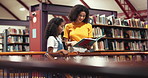 Happy, book and mother with child in library for bonding, connection or learning literature. Smile, knowledge and mom with girl kid for enjoying story for education with love, care and reading.