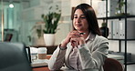 Business, video call and woman with computer, talking and financial agency with happiness. Virtual meeting, professional and investor in webinar, hello and welcome with negotiation and greeting