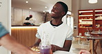 Cafe, customer service and waiter with dish for food, bagel and thank you for hospitality offer. Server, man and client with meal in restaurant, giving plate and happy with lunch order with cuisine