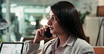 Phone call, late and business woman in office for contact, negotiation and discussion at night. Financial advisor, corporate and person on smartphone for talking, finance consulting or conversation