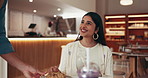 Cafe, customer service and waiter with plate for friends, bagel and surprise for quick hospitality. Man, woman and client with server for food in restaurant with wow, smile and eating lunch order