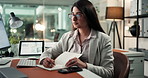 Business, writing and woman in office, computer and copywriting with planning, ideas and brainstorming. Person, internet or journalist with email, creative agency and research for article or notebook