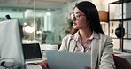 Finance, documents and business woman on computer for investment, budget report and planning. Professional, corporate and person with paperwork online for financial proposal, review and research