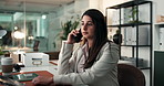 Phone call, night and business woman in office for contact, negotiation or discussion on computer. Financial advisor, corporate and person on cellphone for talking, finance consulting or conversation