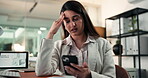 Stress, confused and phone with business woman in office for project glitch, fatigue and burnout. Anxiety, planning crisis and mental health with frustrated employee for proposal error and bokeh