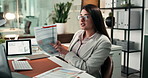 Stress, headache and documents with business woman in office for project glitch, fatigue and burnout. Anxiety, planning crisis and mental health with frustrated employee in agency for proposal error