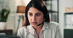 Call center, online and woman with laptop, talking and communication with headset or lead generation. CRM, discussion and explaining policy to contact, agent and person with tech for telemarketing