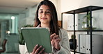 Finance, happy and business woman on tablet for investment news, budget report and stock market. Office, corporate and person on digital tech for financial growth, trading research and proposal