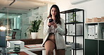 Phone, typing and business woman in office for social networking, email connection and contact. Professional, corporate and person on smartphone for communication, research and website at night
