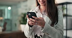 Phone, typing and hands of business woman in office for social networking, email connection and contact. Professional, corporate and person on smartphone for communication, research and website