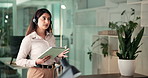 Business, talking and woman with headset, tablet and communication with stock market. Person, employee and professional in workplace, tech and crypto trading conversation with investment contact