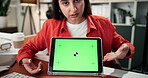 Green screen, video call and tablet with business woman in office for presentation, proposal pitch and research. Online meeting, webinar and project briefing with person in agency for virtual chat