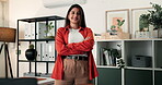 Face of woman, smile and arms crossed in creative agency, professional and confident in advertising. Portrait, pride and happy copywriter in office, opportunity and positive mindset for career growth