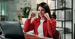 Success, laptop and reading with business woman in office for celebration, promotion and bonus. Online profit, winner and good news with person in agency for fist pump, notification and achievement