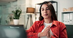 Laptop, video call and planning with business woman in office for presentation, proposal pitch and research. Online meeting, webinar and project briefing with person in agency for virtual chat