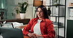 Laptop, relax and satisfied with business woman in office for planning, complete project or branding review. Social media marketing, online campaign and calm with person stretching in creative agency