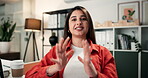 Pitch, video call and face with business woman in office for presentation, proposal and research. Online meeting, webinar and project briefing with person in agency for virtual chat and planning