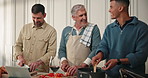 Cooking, grandfather and happy men in kitchen with tablet, online recipe and thanksgiving dinner. Smile, elderly person and family in home with tech for food app, meal prep and bonding together.