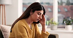 Stress, typing and woman in house with headache, overwhelmed or burnout for remote work deadline. Frustrated, pain and freelancer in living room with migraine, anxiety or fatigue in task management.