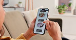 Woman, hands and phone with restaurant menu on sofa for food website, ecommerce or online order. Female person, user or scrolling with mobile smartphone app for fastfood or takeaway shopping in home