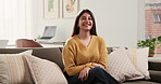 Happy woman, face and relax on couch in home with break for remote work, pride and confident in lounge. Person, freelance writer and portrait on sofa, career and job in living room in Costa Rica