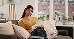 Relax, woman and notebook with writing on sofa for manuscript chapter, creative planning and story. Author, person and journal with notes in home for storytelling angle, freelance project and draft