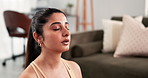 Yoga, breathe and woman in home with calm for mindfulness, meditation and zen energy. Morning routine, mental health and person on floor for wellness, holistic balance and peaceful exercise in house