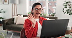 Woman, laptop and video recording with wave in house for hello, interview and online introduction. Remote work vacancy, candidate and virtual meeting for job screening, hiring process and opportunity