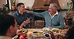 Care, talking or people at family dinner in home to celebrate thanksgiving, relax or chat together. Support, conversation or happy group in dining room for holiday reunion, feast or laugh for bonding