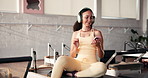 Happy woman, headphones and phone at pilates class for exercise, dancing and streaming at gym. Person, smile and listen to music with smartphone, app and subscription for training at fitness studio