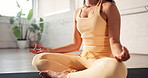 Woman, hands and breathing with meditation on mat for spiritual wellness, health or zen in studio. Closeup, female person or balance with namaste or lotus for inner peace, awareness or holistic yoga