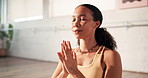 Woman, breathing and meditation with zen for spiritual wellness, health or healing in studio. Calm, female person or balance with namaste or aura for inner peace, awareness or holistic yoga in gym