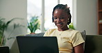 Laptop, college and student or black woman on sofa for elearning portal, research and study schedule. Assignment submission, university course and virtual class with person in living room of home