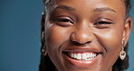 Face, happy and black woman in studio with pride, skill development and education opportunity. Confident, female person and smile in closeup for growth, college program or course on blue background.