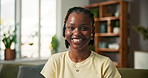Smile, relax and face of black woman on sofa in home for relaxing, calm and peaceful weekend. Happy, morning and portrait of African person from Nigeria in living room with positive attitude in house