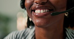 Lips, headset and happy black woman in call center for technical support, help desk and laugh. Mouth, IT consultant and person with microphone for virtual assistance, crm and funny joke with bokeh